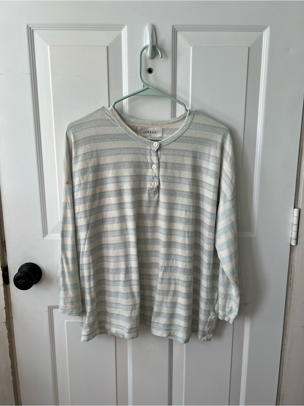 THE GREAT. Pale Blue & Cream Striped Henley